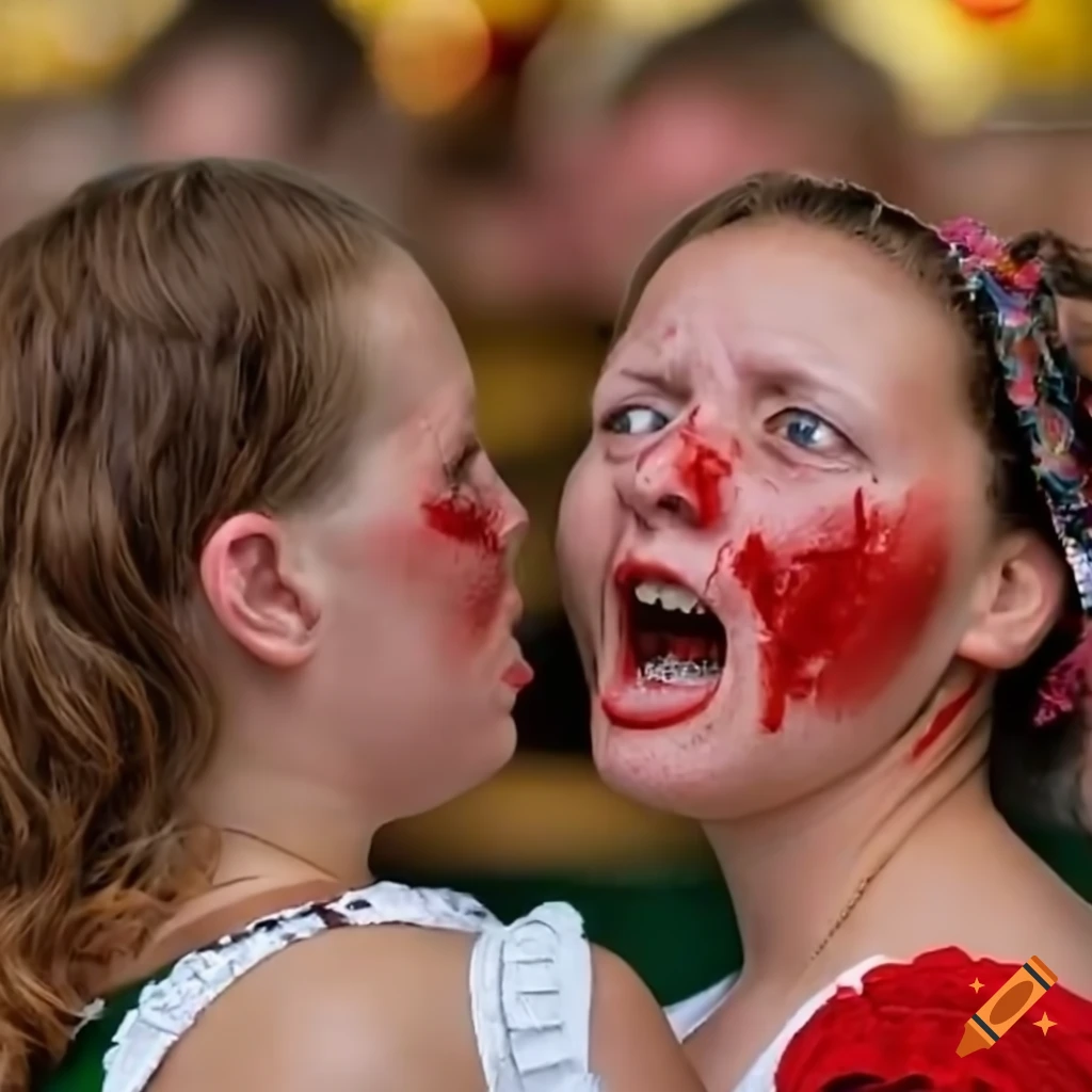 Conflict at Bavarian folk festival between youth girl and woman on a hot summer day