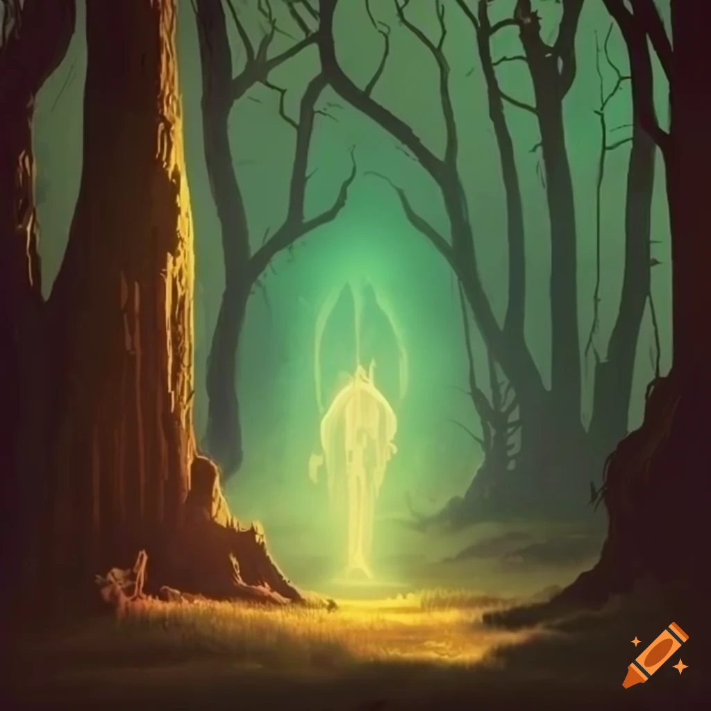 70s dark sci-fi fantasy landscape with a cryptic wizard in a haunted forest
