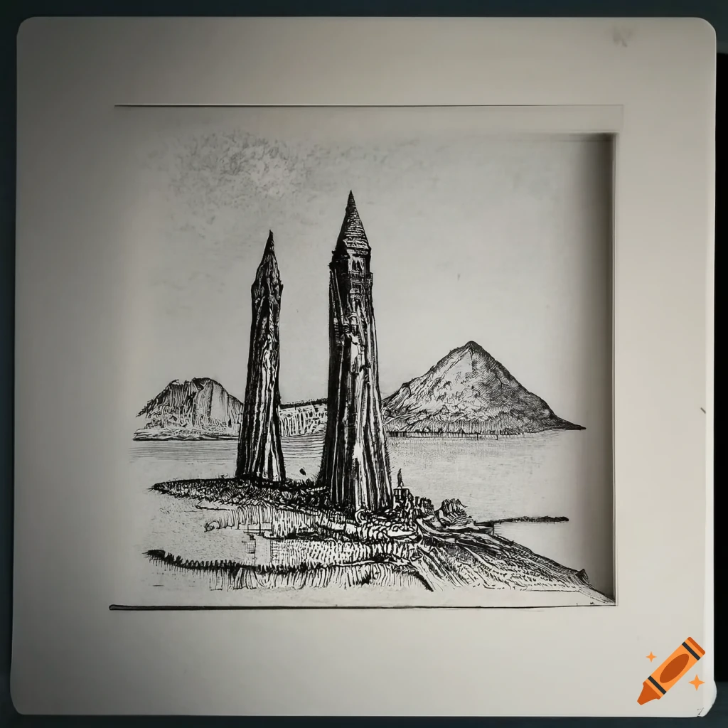 Detailed etching of a landscape with thorns and obelisks in high contrast black pen drawing