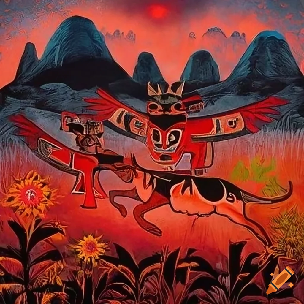 Woodcut print of Salish totem animals on a magic flying carpet through radiant clouds above a glowing field