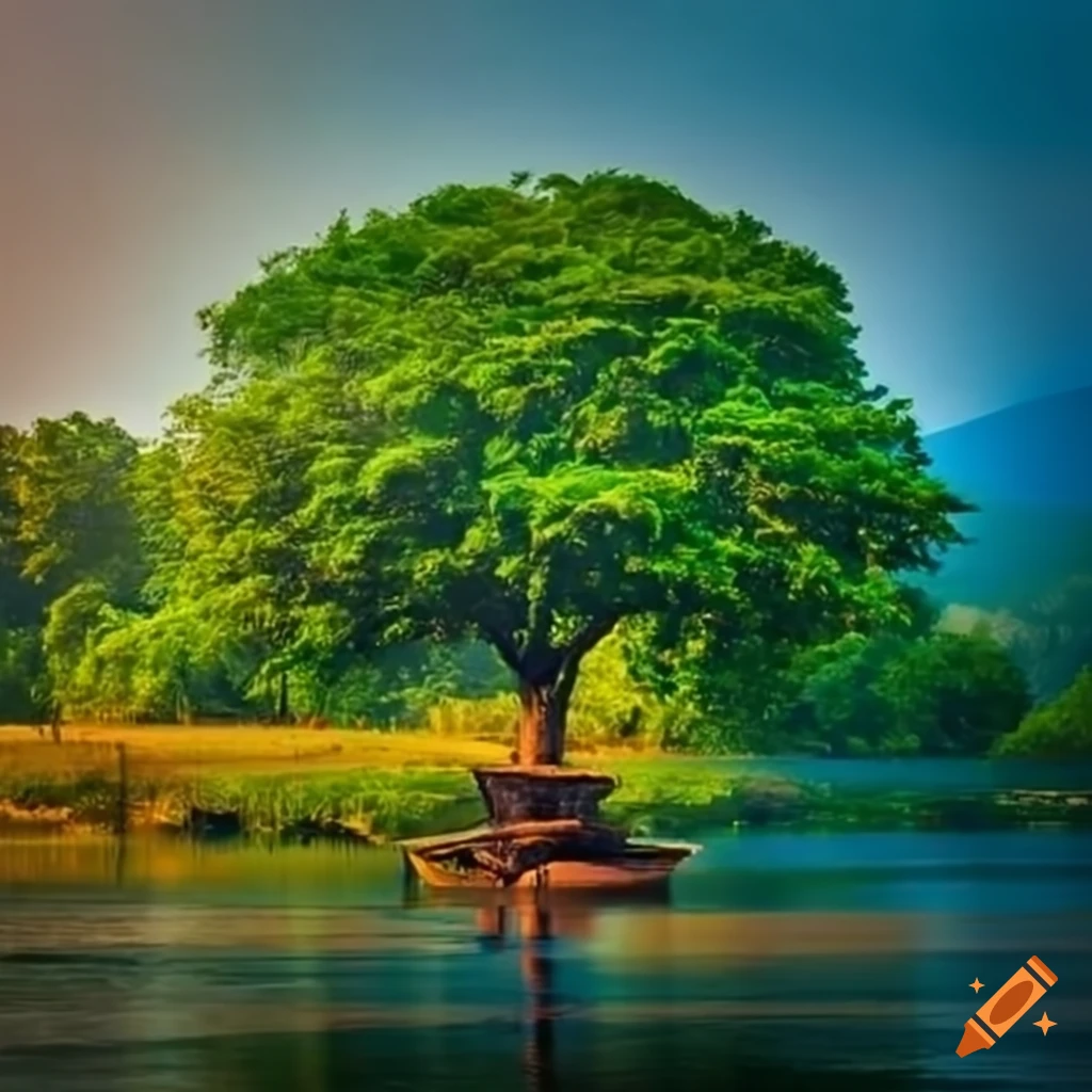 River in India with green trees and a yacht