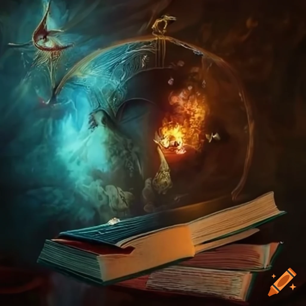 Floating book in an ethereal library filled with ancient knowledge and future predictions