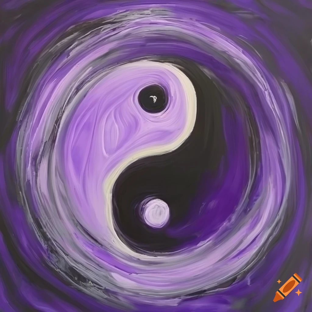 Dynamic acrylic painting of Yin Yang symbol in purple and black