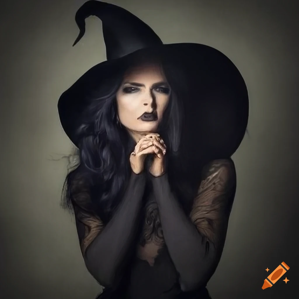 Portrait of a witch with a big hat and dark hair