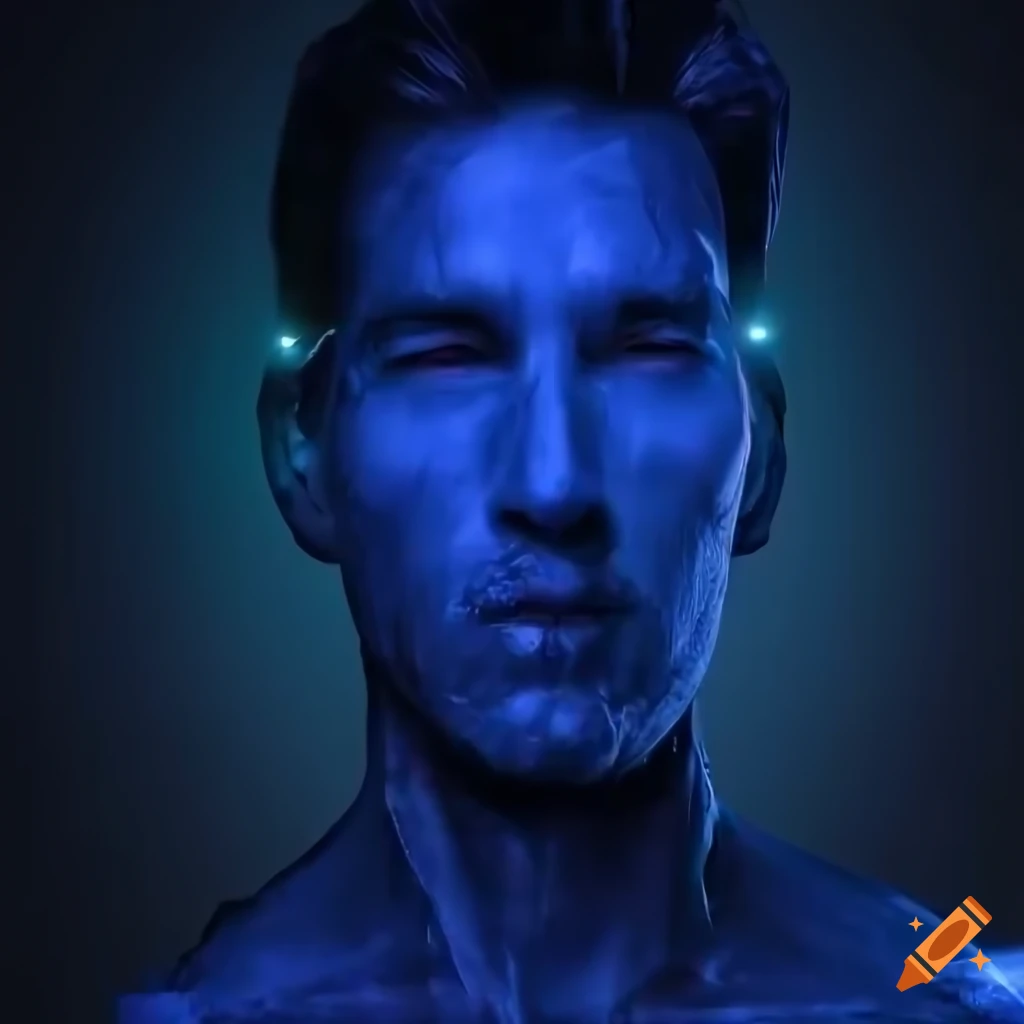 PhotoRealistic 50-year old male cyborg with LED panels and icicles