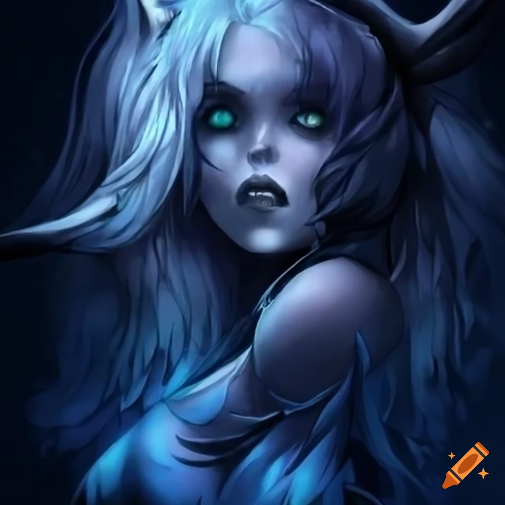 Anime raven villainess with black raven wings and a skull headpiece in a blue dress