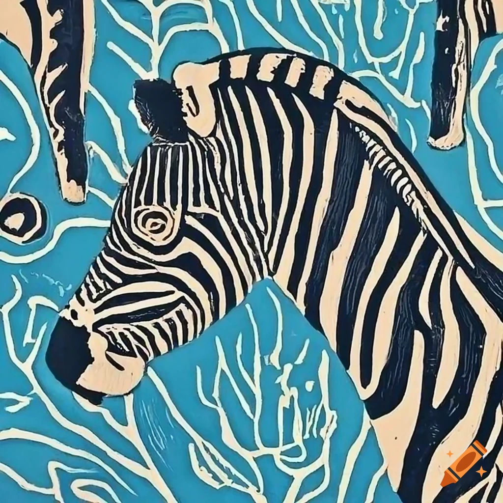 Duck crossing the zebra stripes in linocut artwork