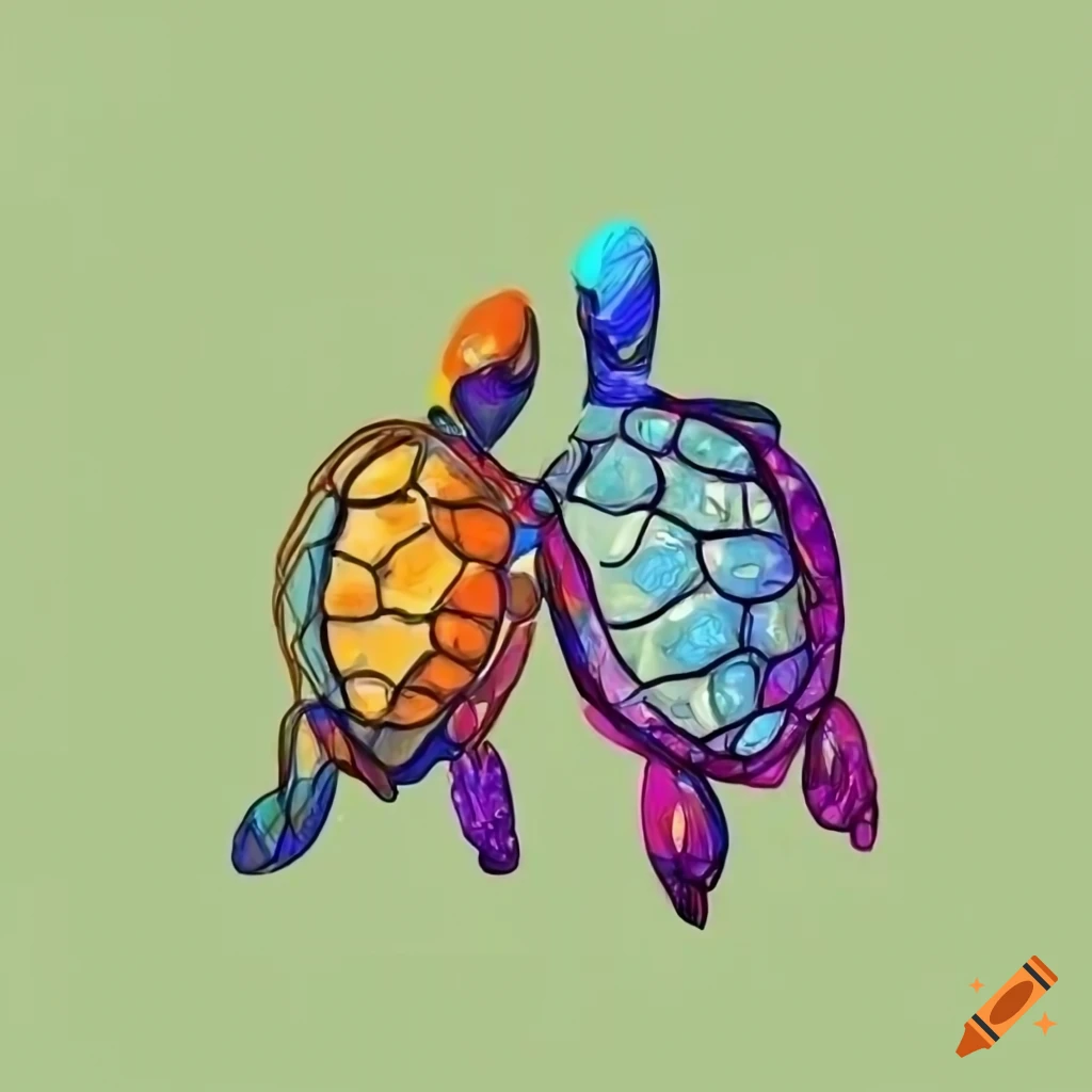 One line drawing of turtles holding hands
