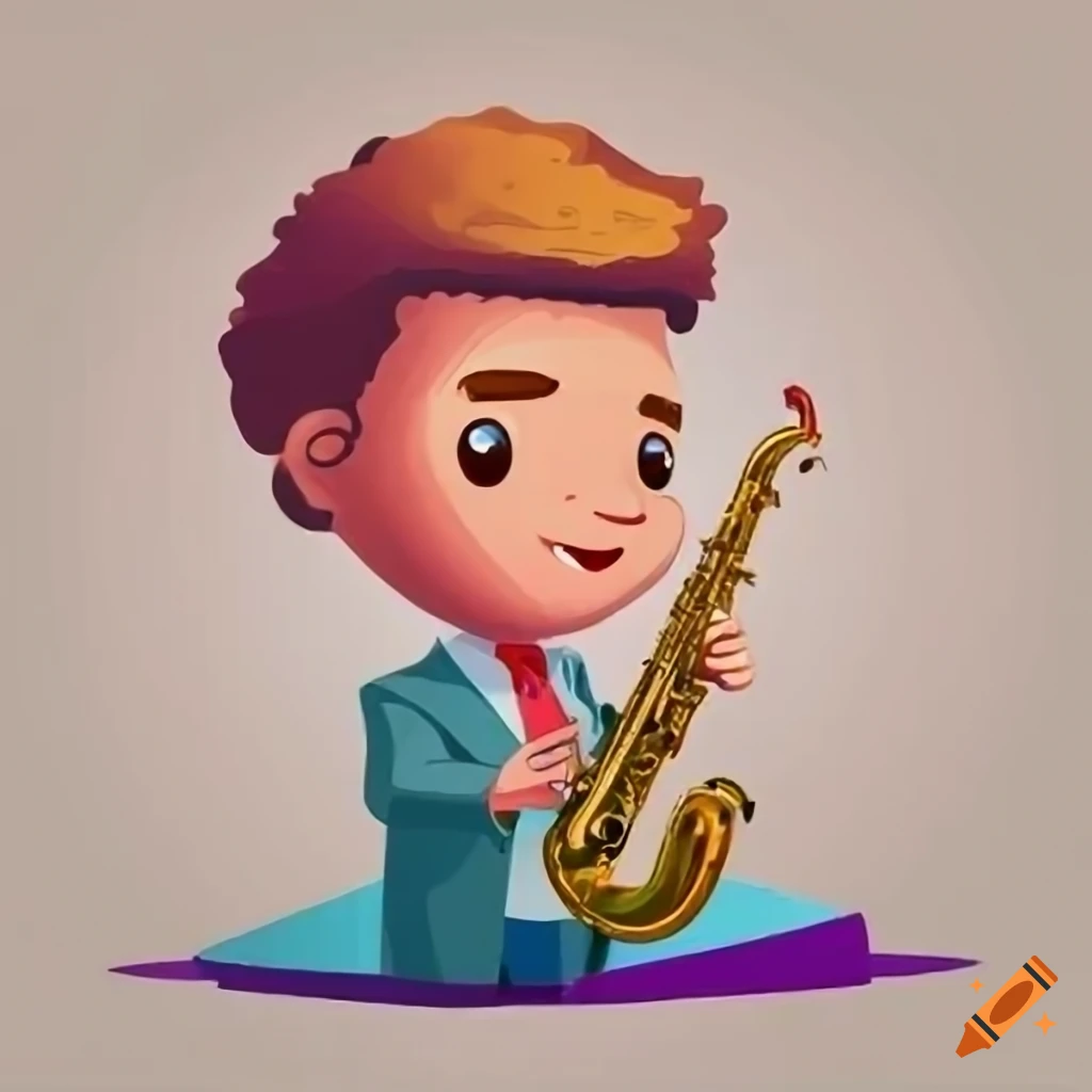 Cartoon illustration of a man playing jazz saxophone on a prancing hill