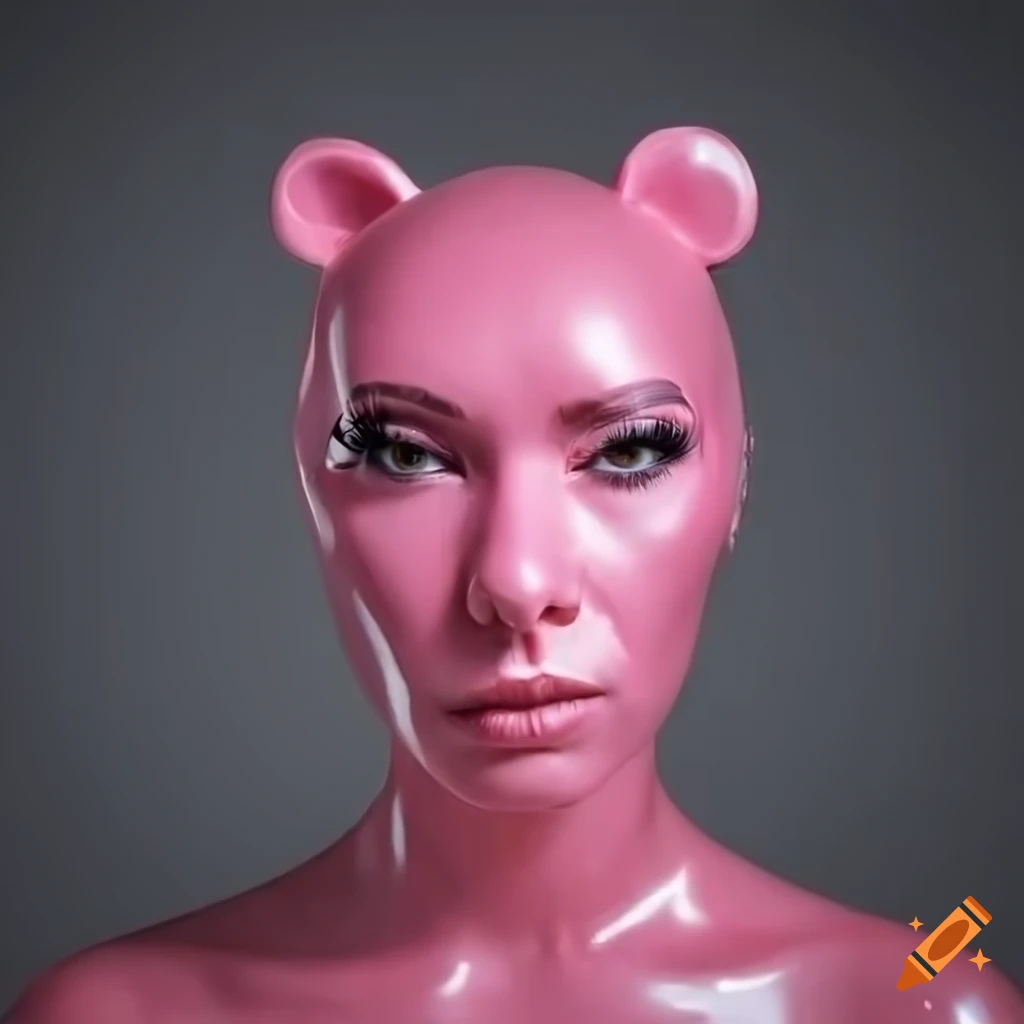Feminist woman in pink panther costume with symmetrical face in extreme long-shot
