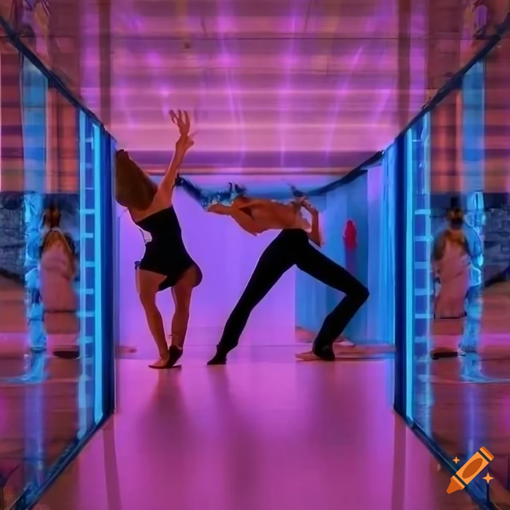 Vibrant dance hall with energetic dancers and 'Impulse' neon sign