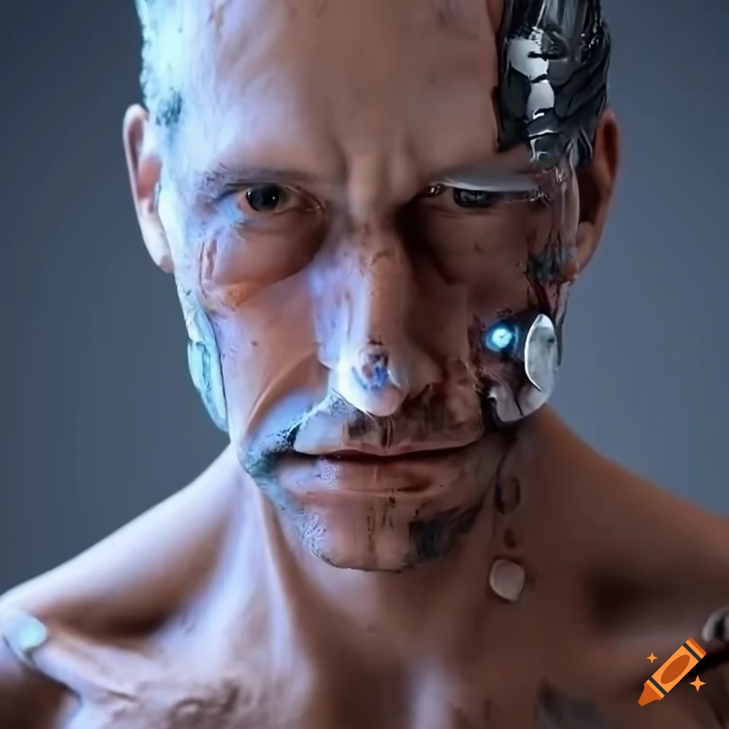 PhotoRealistic image of a damaged male cyborg with LED panels on his face