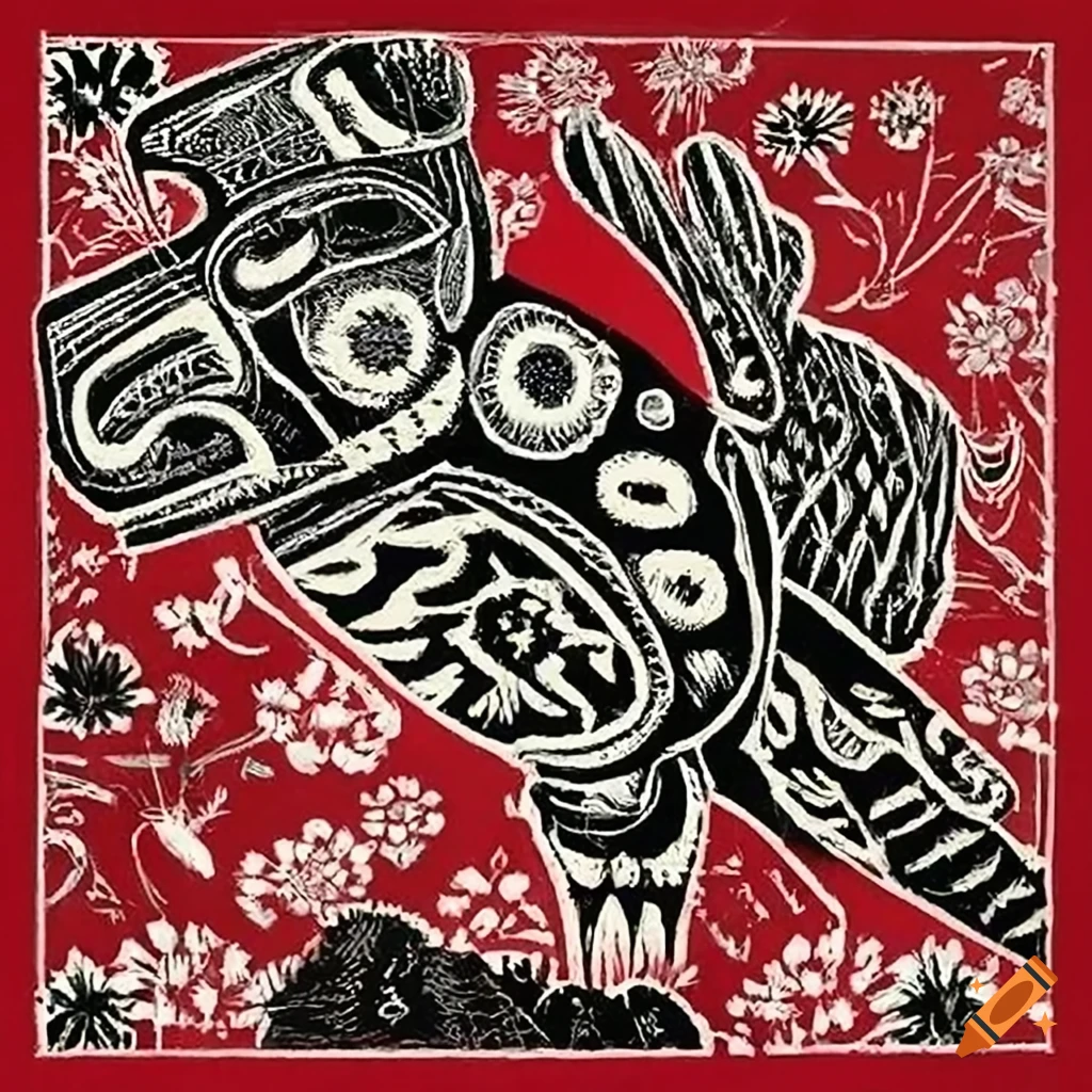 Woodcut print of Salish totem animals on a magic carpet above a field of lace and wildflowers