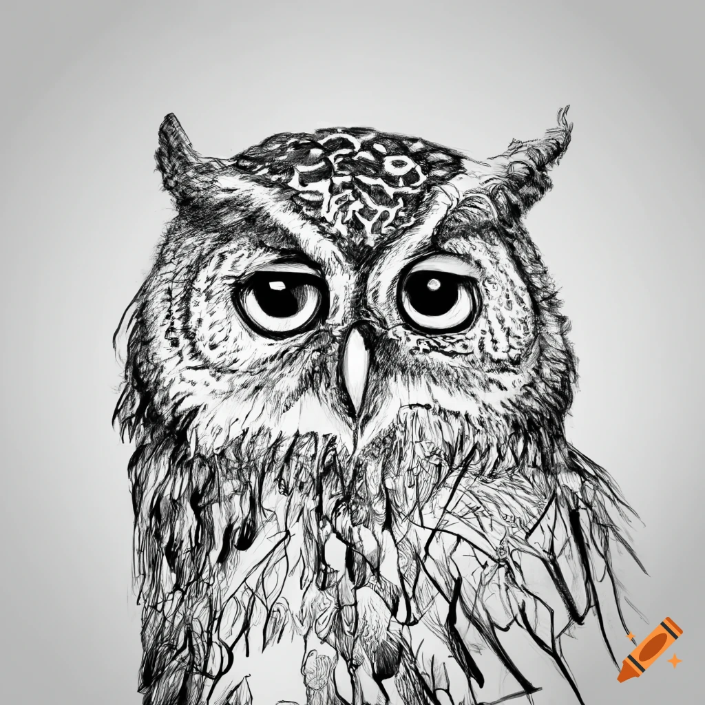 Minimalistic one line drawing of an old, wise owl