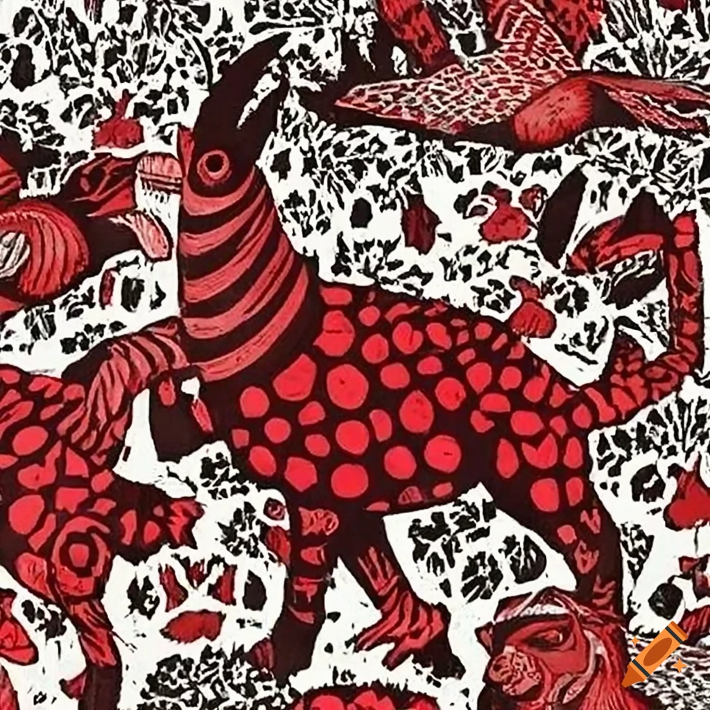 Woodcut print of Salish totem animals on a magic carpet above a field of lace and wildflowers