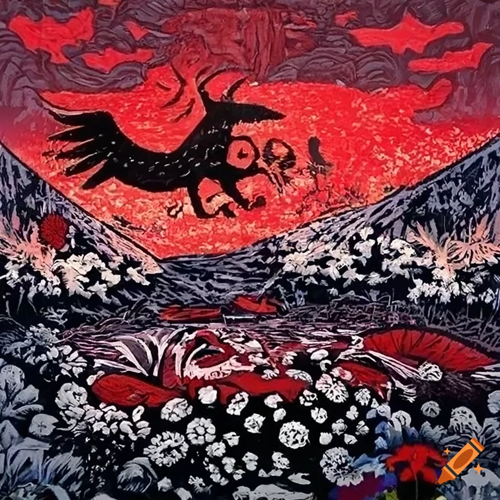 Woodcut print of Salish totem animals on a magic flying carpet through radiant clouds above a glowing field