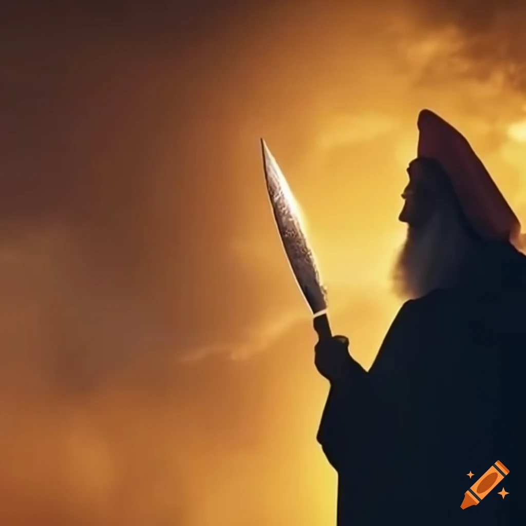 Dramatic portrayal of Abraham with divine light and knife raised