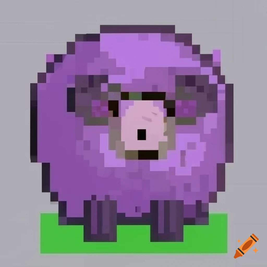 Pixelated purple sheep in green grass cartoon art