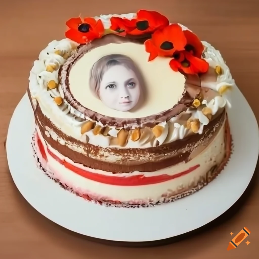 Decorated cake with cream layers, wheat ears, poppies, and daisies