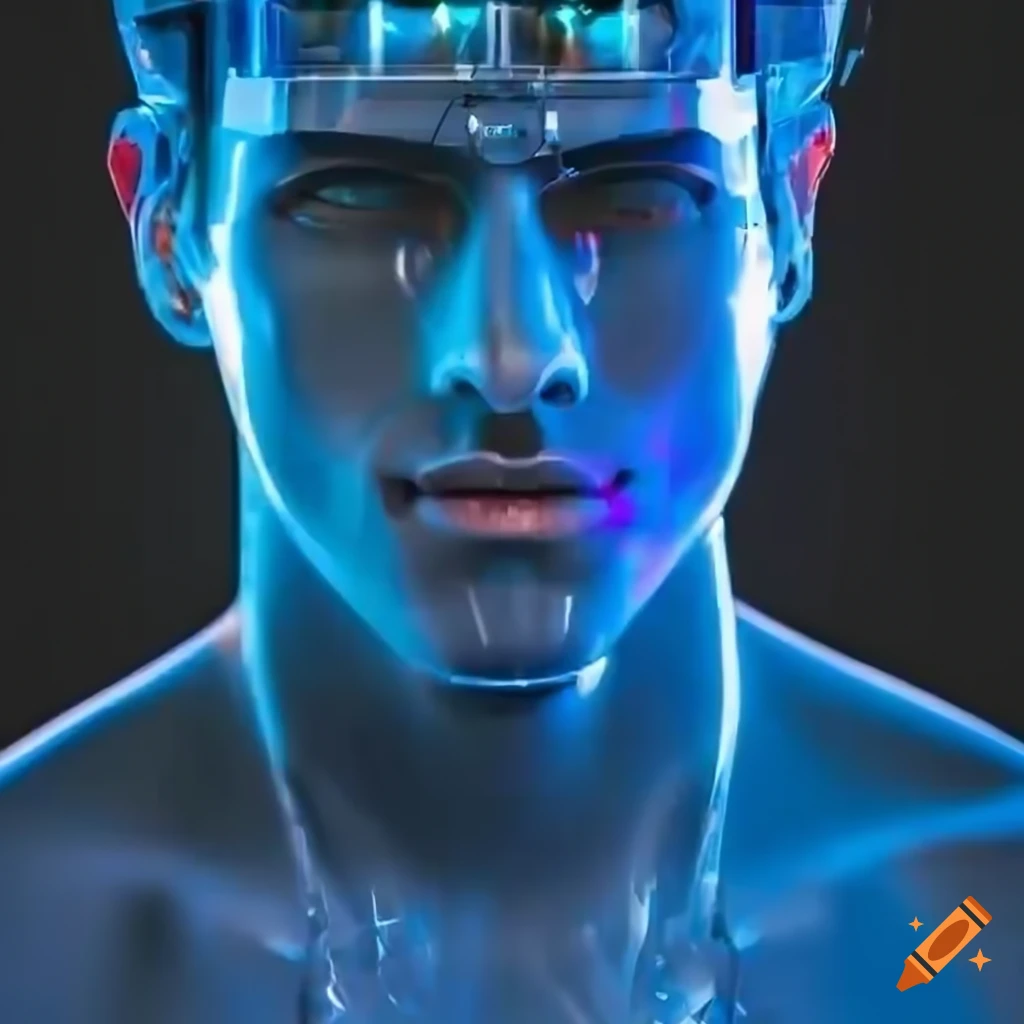 Skinny, handsome 31-year old male cyborg with crystal LED panels in his face
