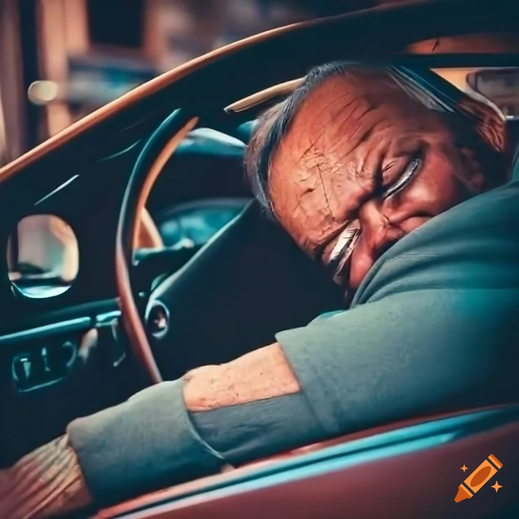 Middle aged man sleeping on steering wheel in Kyoto village