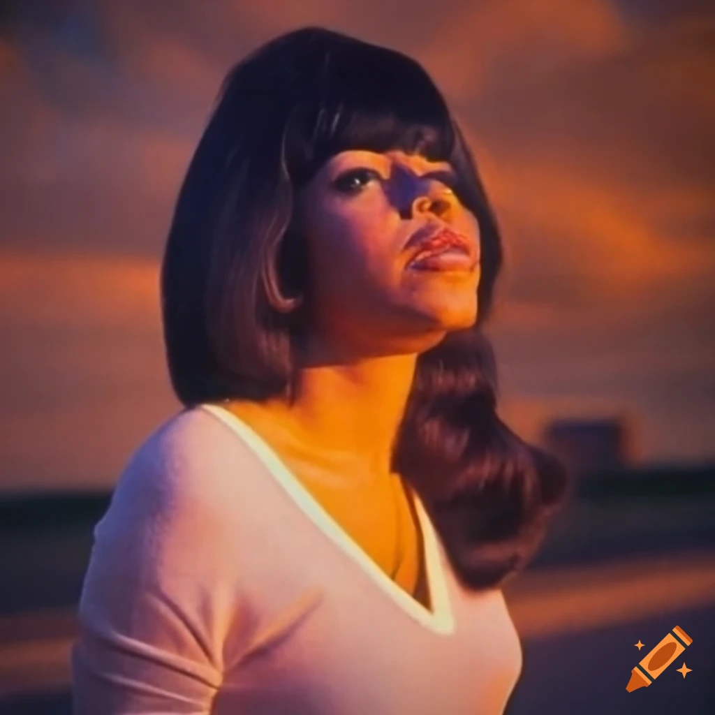 Estelle Bennett of The Ronettes in a sunset setting with a v neck jumper