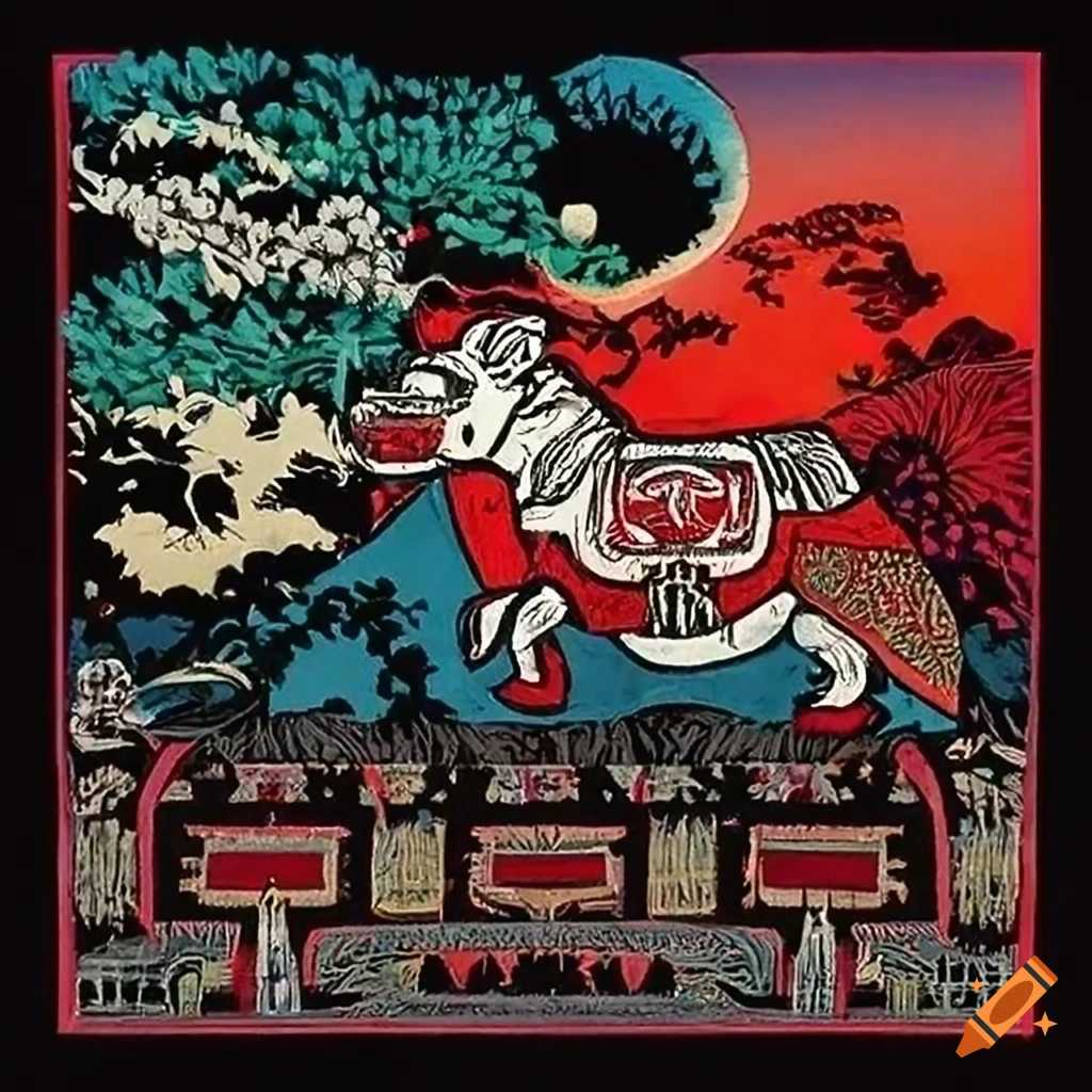 Woodcut print of Salish totem animals on a magic flying carpet through radiant clouds above a glowing field
