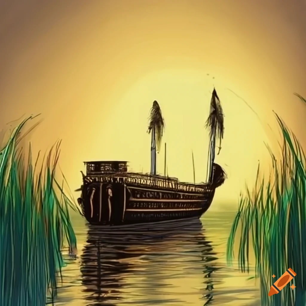 Sumerian ark sailing down a river with reeds