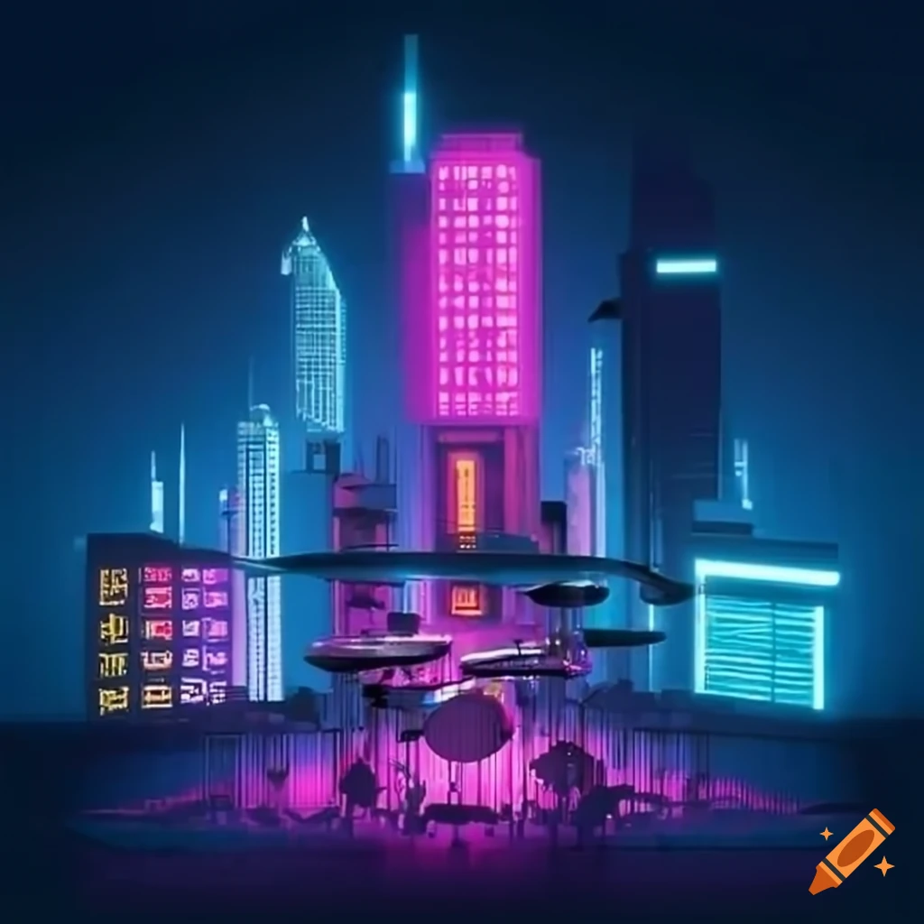 Neon-lit cyberpunk metropolis with towering buildings and electronic drum set