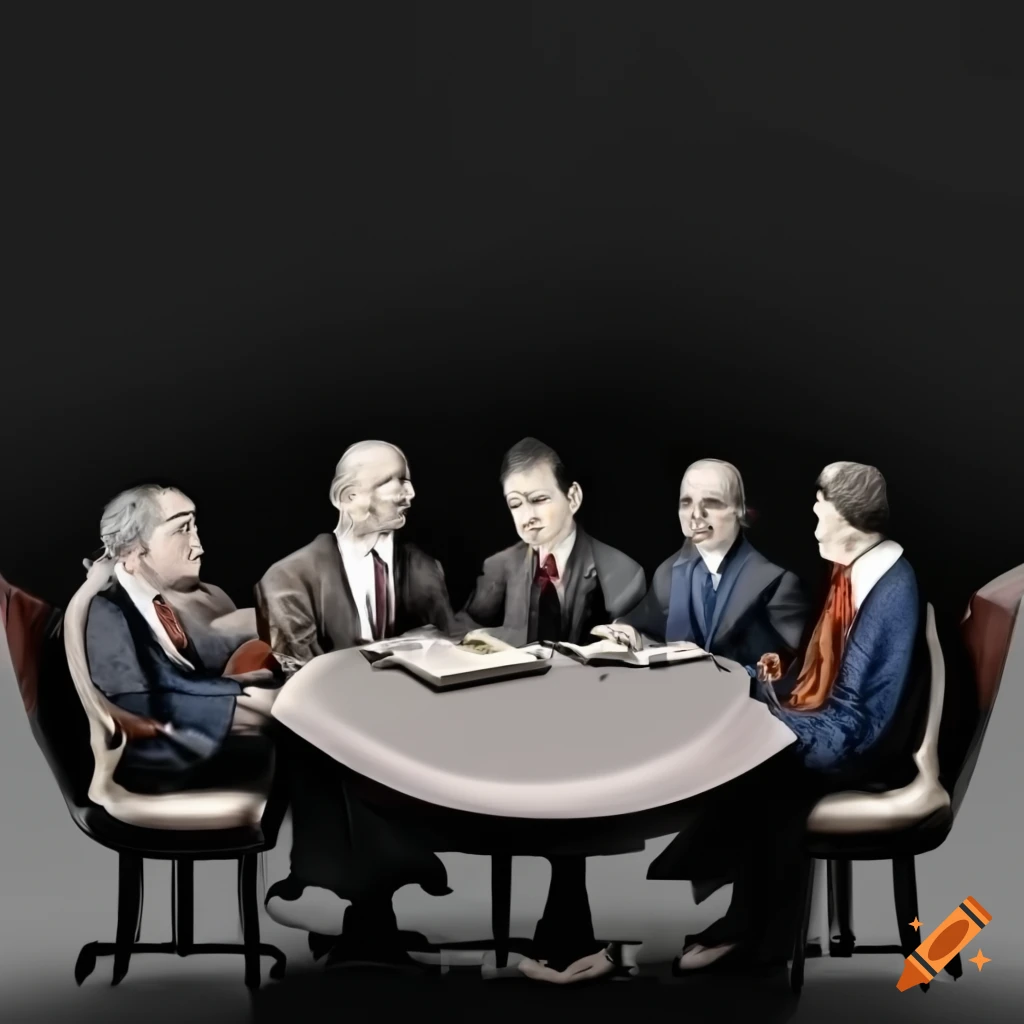 Group of famous political thinkers engaged in discussion around a table
