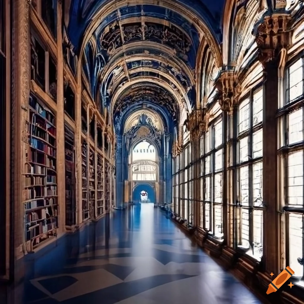 Impressive multi-floor library hall with white and blue architecture