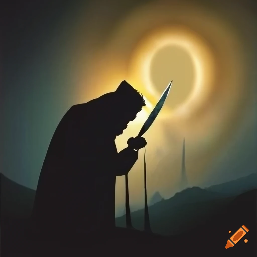 Silhouette of Abraham with raised knife under divine light