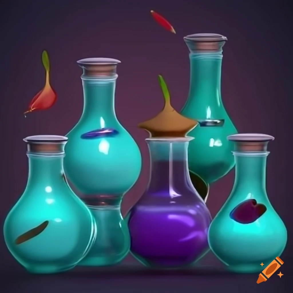 Close-up of multiple magic potions in 3D