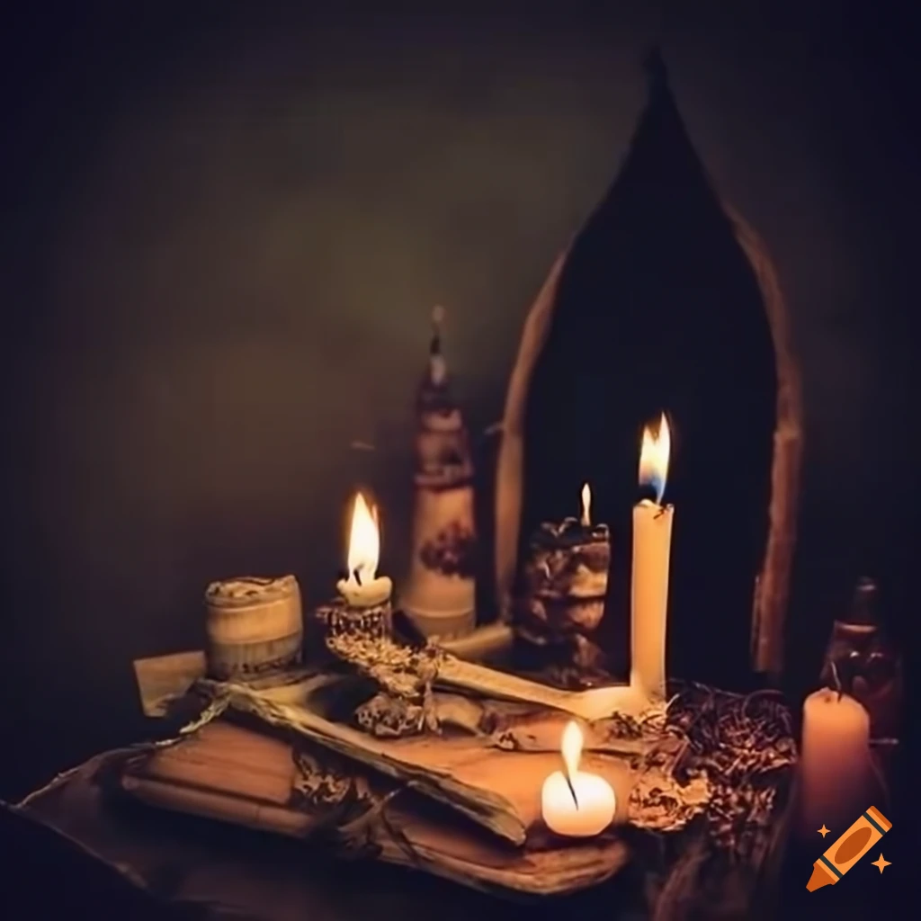 Witch altar with old books, bones, candles, and herbs in a dark setting