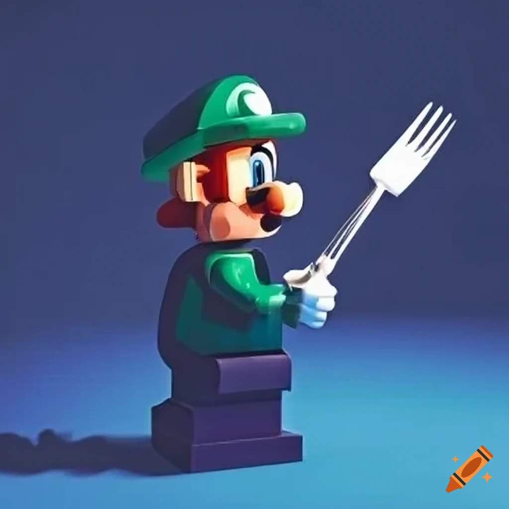 LEGO Luigi with a vacuum cleaner and fork at a plate of Bolognese pasta under the full moon