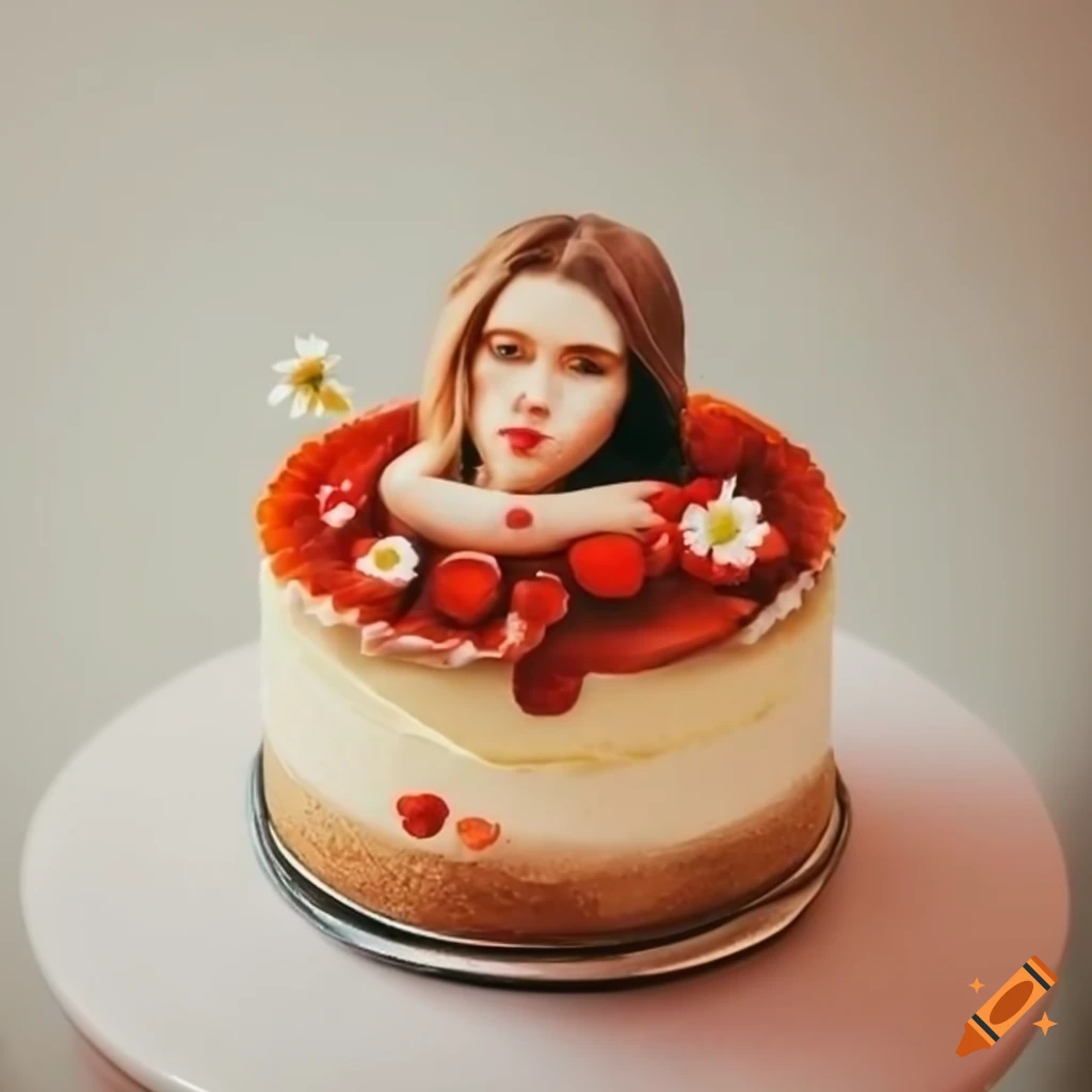 Decorative cake with cream layers, wheat ears, poppies, and daisies