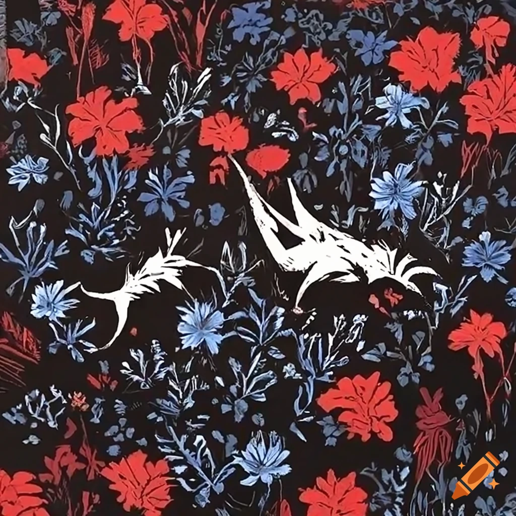 Woodcut of Salish totem animals on a magic flying carpet above a white lace field