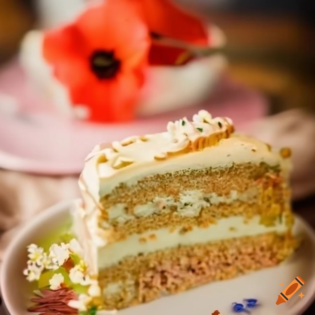 Cake with cream layers, wheat ears, poppies, and daisies decorations