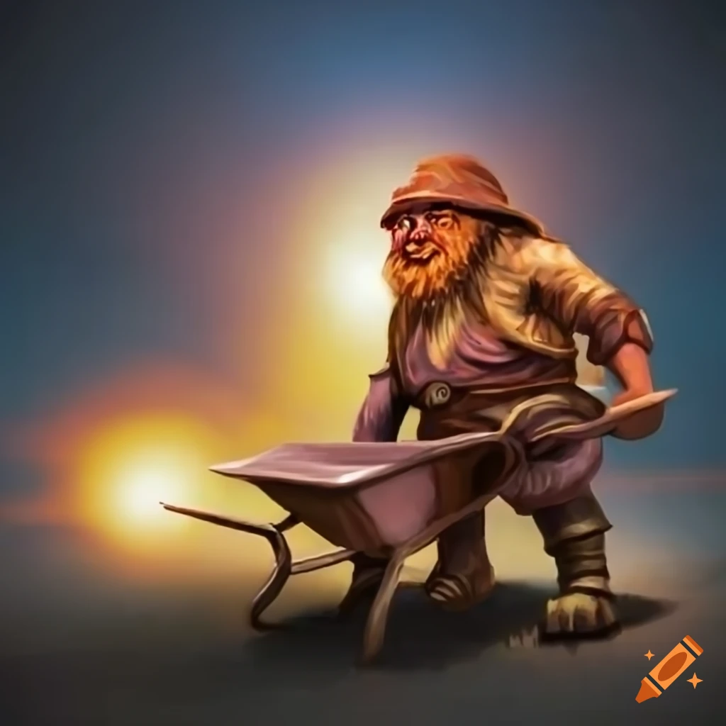 Dwarf working with a wheelbarrow under a blazing sun