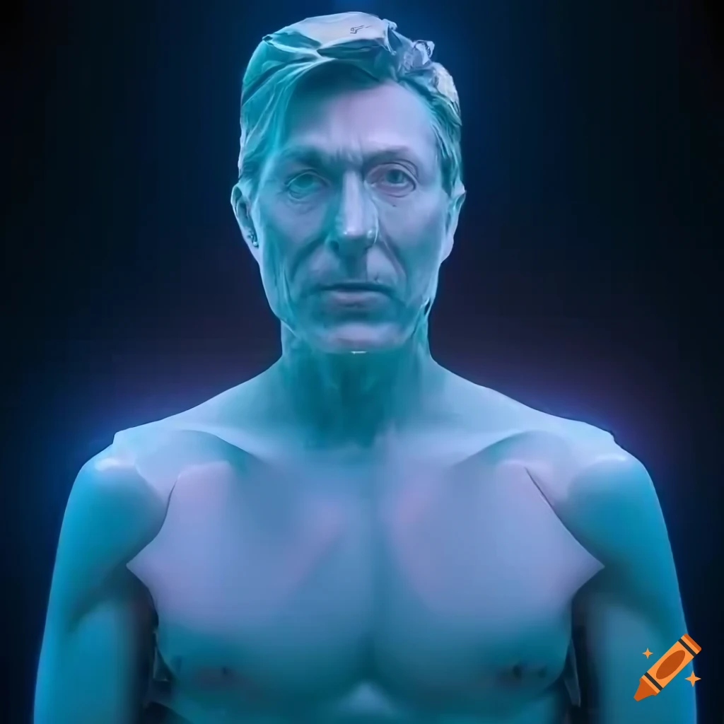 Skinny handsome 61-year old male cyborg with crystal LED panels for skin