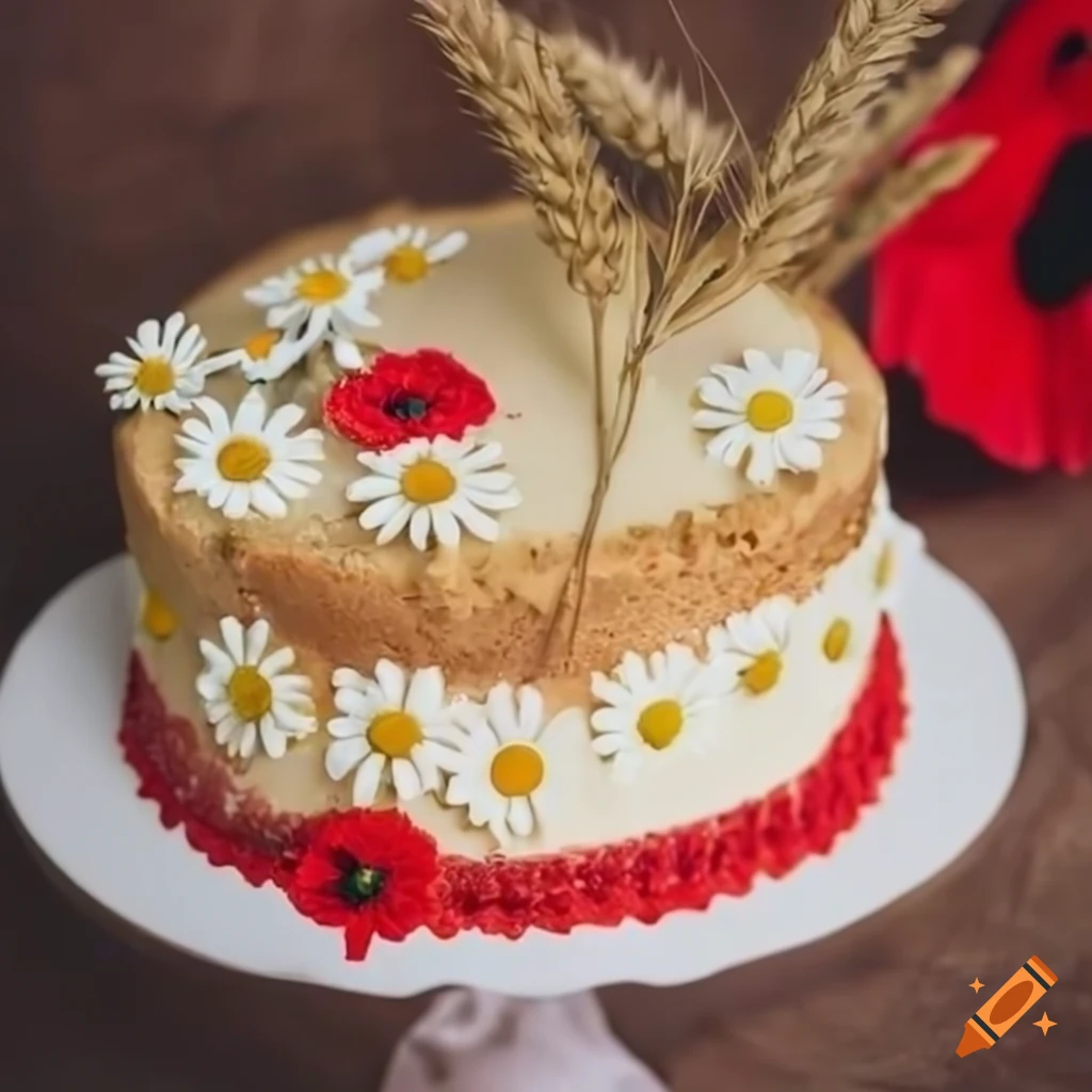 Decorated cake with cream, wheat ears, poppies, daisies, and woman picture