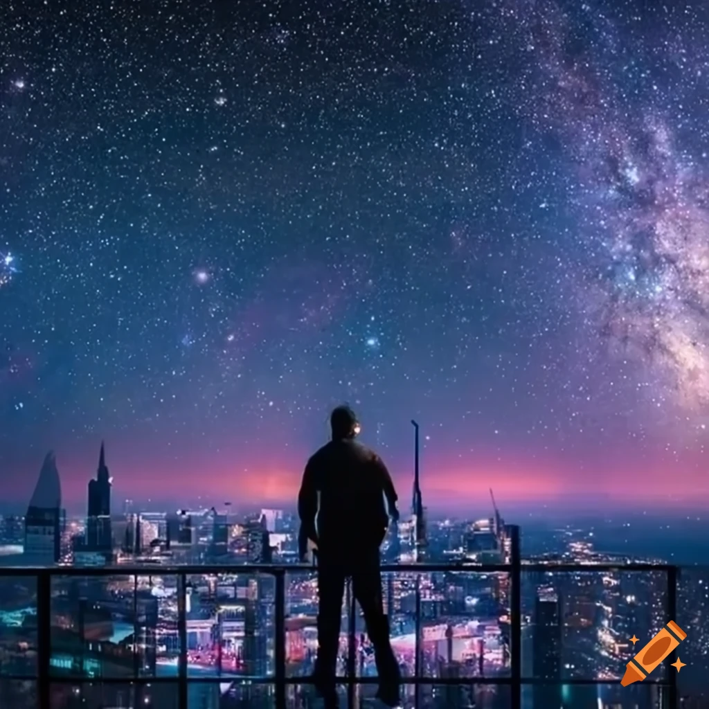 Man looking out a window at a city full of lights with visible stars and galaxy in the sky