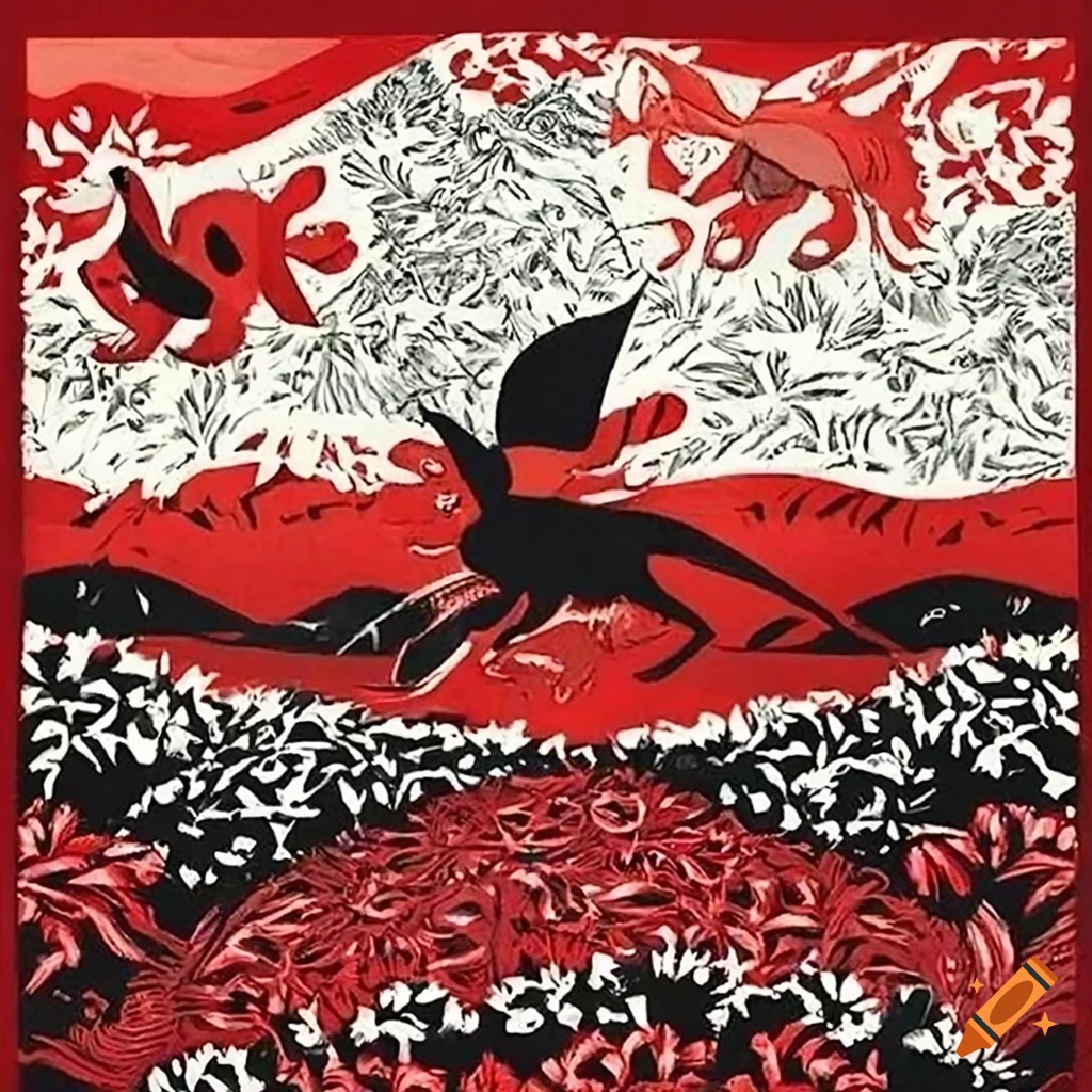 Woodcut print of Salish totem animals on a magic carpet above a field of lace and wildflowers