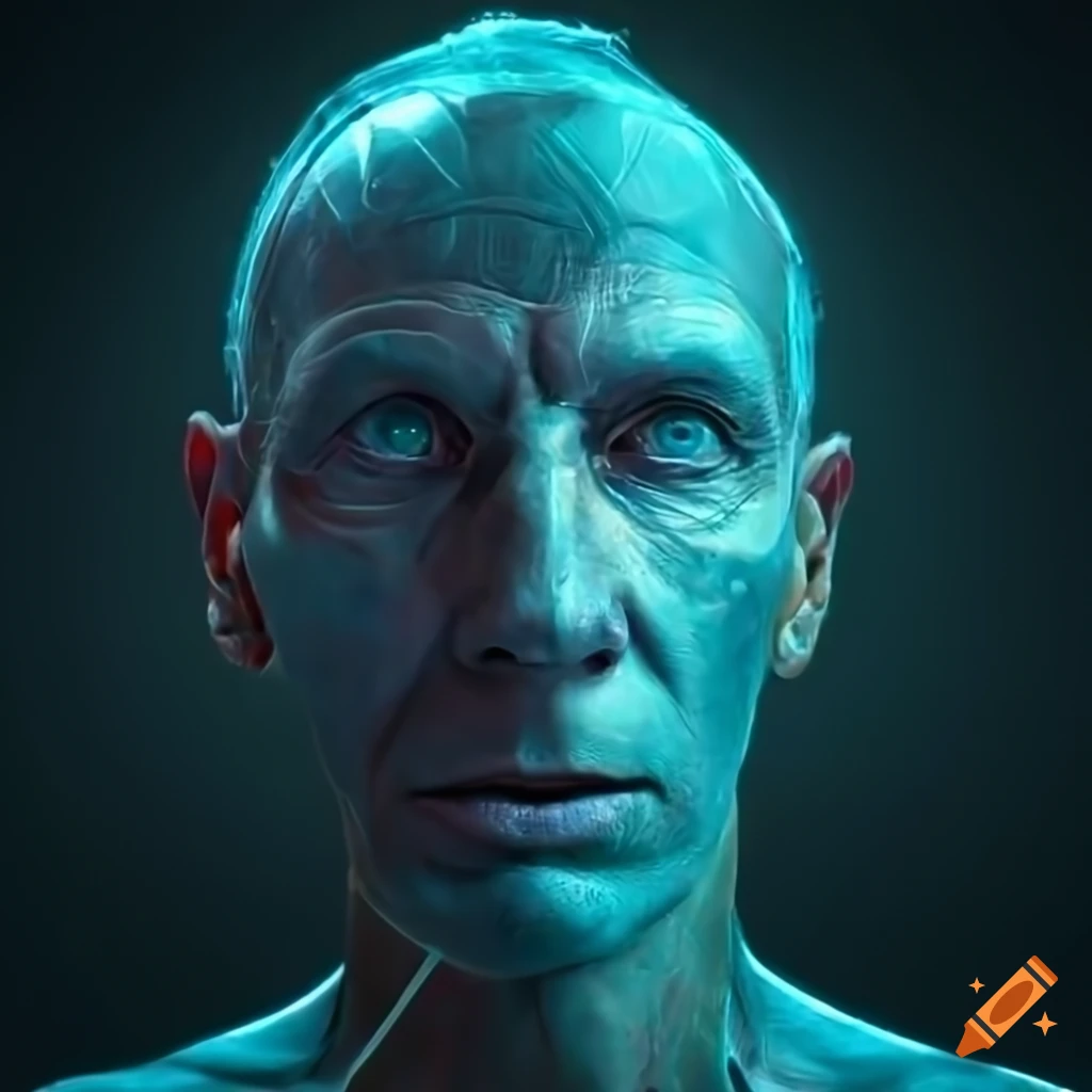 PhotoRealistic image of a skinny, handsome 71-year old male cyborg with emerald LED skin
