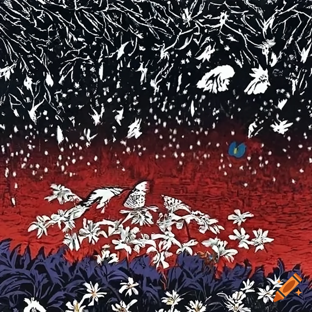 Woodcut of Salish totem animals on a magic flying carpet above a white lace field