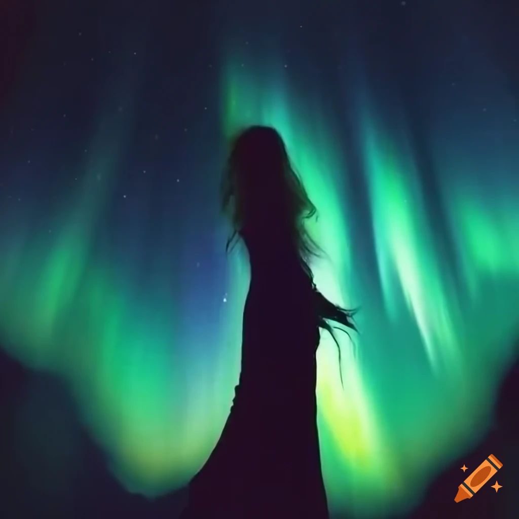 Silhouette of a woman in the aurora borealis