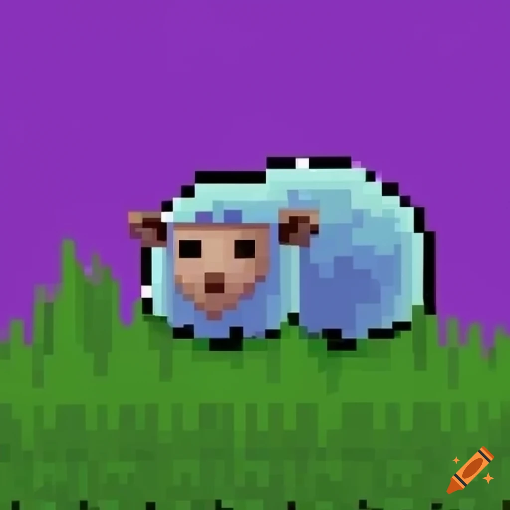 Pixelated purple sheep in green grass cartoon art