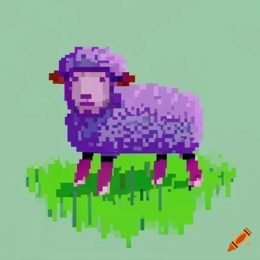 Pixelated purple sheep in graffiti cartoon style on green grass