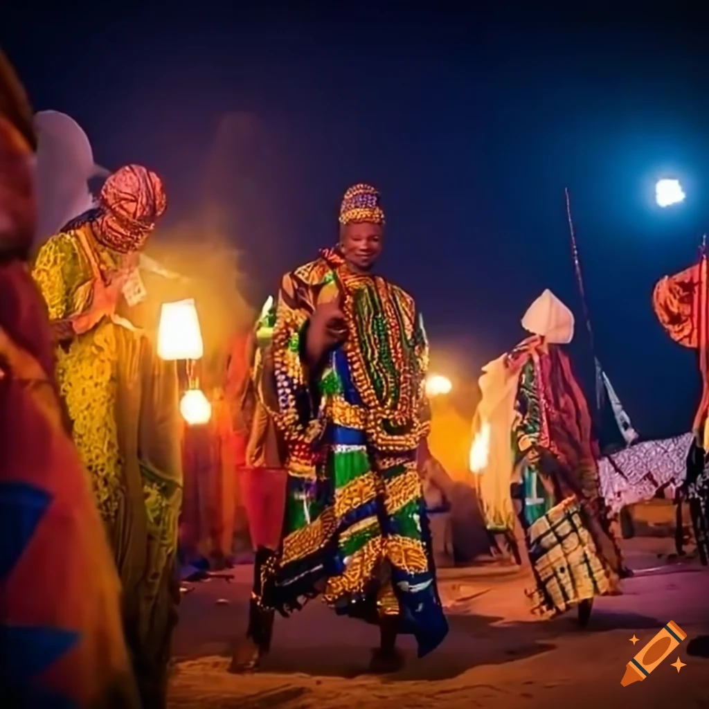 Yoruba festival with villagers in colorful attire under the moonlight