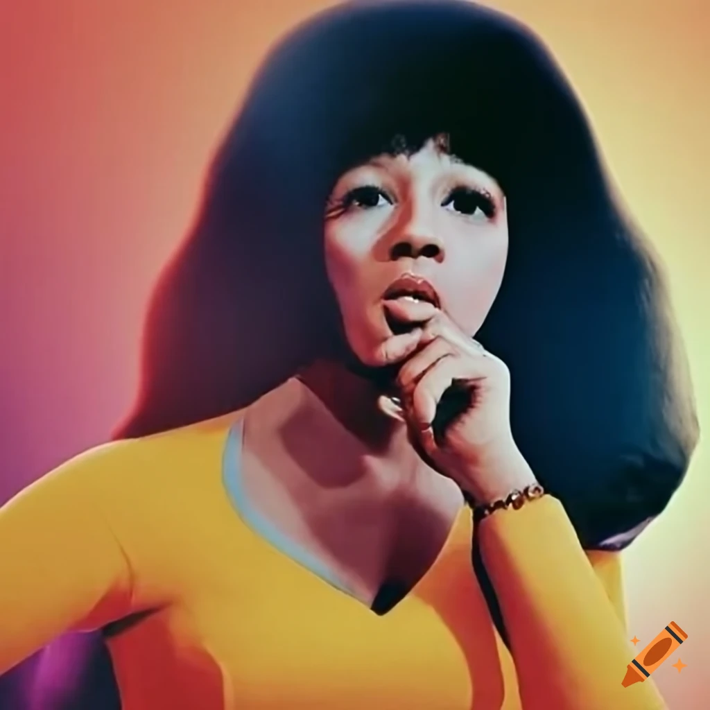 Ronnie Spector in vintage attire in front of an old movie theater at sunset
